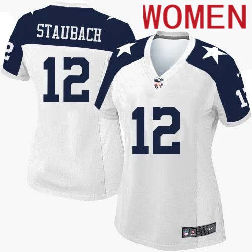 Women Dallas Cowboys #12 Roger Staubach Nike White Alternate Throwback Game NFL Jersey